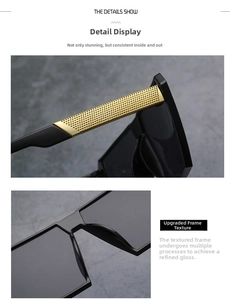 Detail shot of black oversized sunglasses frame with golden textured hinge hardware