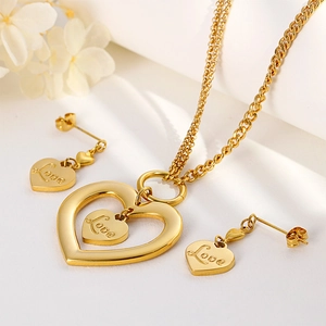 Golden heart necklace and earrings set with Love engraving and double layer chain