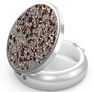 Portable round metal pill box with brown rhinestone cover and dual storage compartments