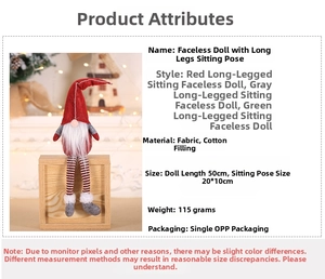 Detailed size view of red faceless Christmas gnome doll with long legs and soft fabric