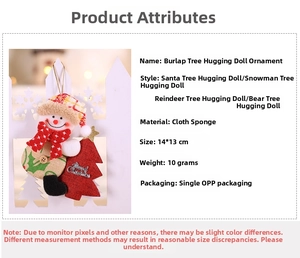 Detailed view of linen snowman hugging a red Christmas tree, measuring 14x13cm