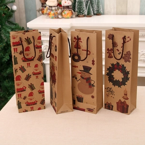Brown kraft paper Christmas wine gift bags with Santa and snowman patterns and handles
