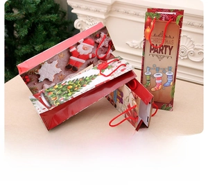 Close-up of Christmas kraft paper gift bags featuring festive Santa and snowflake patterns