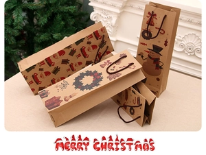 Close-up of brown Kraft paper Christmas wine bags with holiday prints and rope handles