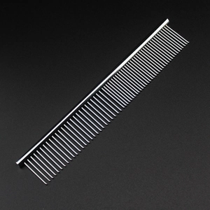 Silver stainless steel double-sided pet grooming comb shown from a professional 45-degree angle