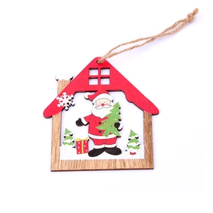 Hanging wooden Christmas house ornament with Santa Claus and tree laser-cut details