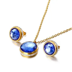 Round Cut Gemstone Pendant Necklace And Stud Earrings Jewelry Stainless Steel Gold Plated Cubic Zirconia Trendy For Women