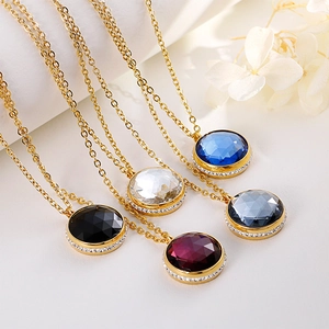 Golden titanium steel jewelry set with round crystal pendants in various colors and diamonds