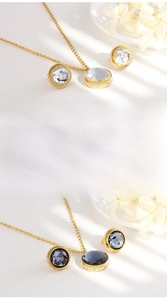 Detailed view of titanium steel jewelry set featuring circular zircon pendant and earrings