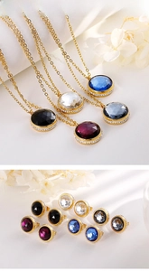 Macro detail of titanium steel necklace and stud earrings set with crystal zircon halos
