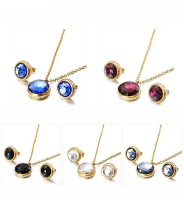 Detail view of round zircon pendant and earrings set in five color options with gold plating