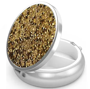 Portable round metal pill box with sparkling diamond lid and three compartments for travel