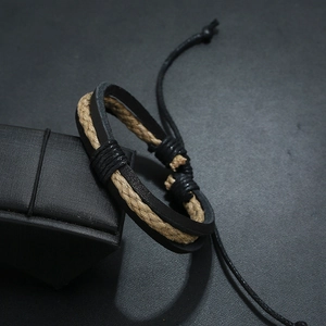 Vintage hand-woven black leather and beige hemp rope bracelet with adjustable cord