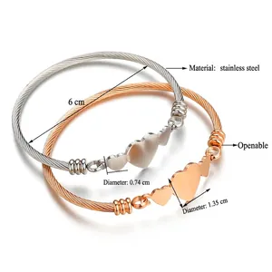 Bracelets câbles ajustables en acier inoxydable avec cœurs en argent et or rose