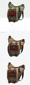 Detail view of khaki and army green tactical canvas messenger bags with multi-pocket design