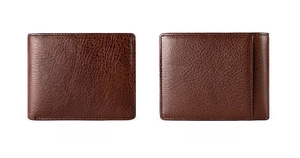 Vue détaillée avant et arrière du portefeuille RFID en cuir marron avec couture nette