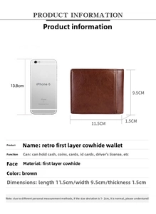 Comparaison de taille détaillée du portefeuille RFID en cuir marron avec iPhone 6
