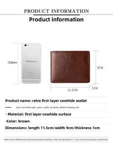 Portefeuille RFID en cuir marron café avec comparaison de taille par rapport au téléphone