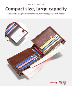 Portefeuille RFID en cuir marron avec 11 fentes pour cartes et compartiments à billets détaillés