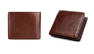 Vues de face et de dessus du portefeuille fin en cuir marron avec protection RFID intégrée