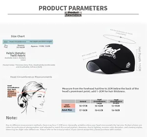 Size chart showing baseball cap measurements and head circumference guide