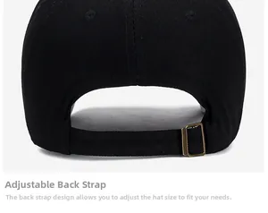 Detail of adjustable metal buckle and cotton fabric on the back of black baseball cap
