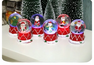 Detail showing set of six glowing Christmas snow globes with Santa and snowman figures