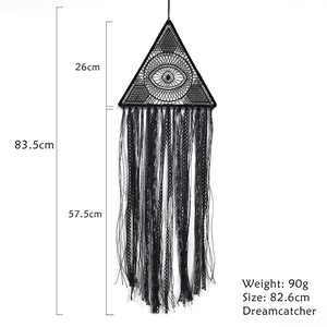 Black triangle dreamcatcher with long tassels and detailed size dimensions for wall decor