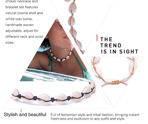 Detail of handmade bohemian choker and bracelet set with natural cowrie shells