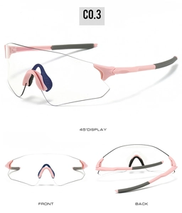 Three-angle views of cycling goggles with clear lenses and pink nose pads for sport use