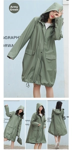 Detail view of army green long hooded raincoat with zipper closure and drawstring hem