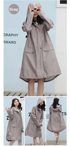 Detailed multi-angle views of a stylish grey long hooded waterproof rain parka for adults