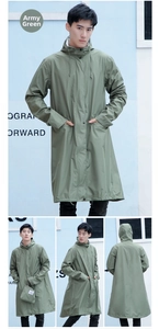 Detail of army green waterproof raincoat with drawstring hood and large pockets