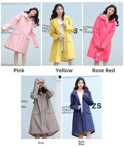 Detail view of stylish long hooded raincoats in pink, yellow, rose, grey and navy blue