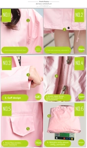 Detailed views of light pink long raincoat showing zipper, hood drawstrings, and pockets
