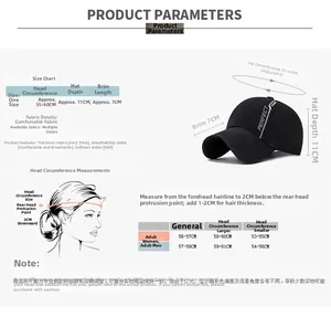 Tableau des tailles pour casquette baseball vintage avec mesures de circonférence