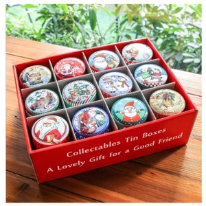 Christmas tin box set with 12 decorative round gift containers in a red holiday display box