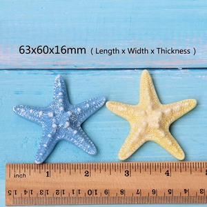 Blue and yellow resin starfish charms with realistic texture and 63mm size measurement