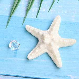 Detail of beige resin starfish and clear plastic diamonds on blue wooden background