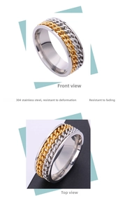Detail view of rotatable double row chain ring made of 304 titanium steel in gold and silver