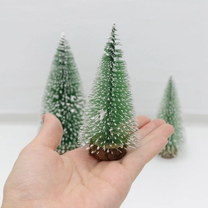 Miniature snowy Christmas trees with wooden bases for desktop decoration, set of three