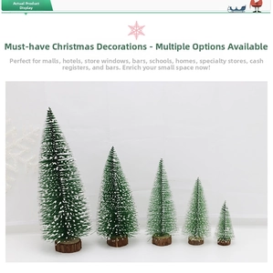 Detailed view of 5 mini pine trees with snow effect and round wooden bases for desk decor