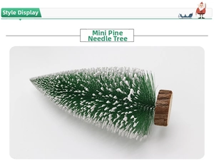 Detail of mini pine Christmas tree with realistic flocking snow and natural wood base
