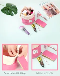 Borsa per cosmetici rosa in velluto con pochette rimovibile e organizer per pennelli