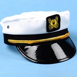 Front detail of white captain hat with golden embroidery anchor and rope decoration