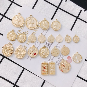 Vintage 18K gold plated coin pendants with Elizabeth II portrait for DIY jewelry making