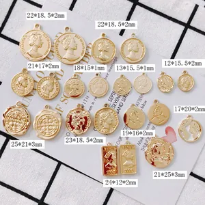 Detailed measurement view of assorted alloy coin charms with vintage figure relief designs