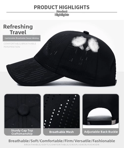 Detail of black quick-dry sport cap showing laser-cut holes and metal buckle closure
