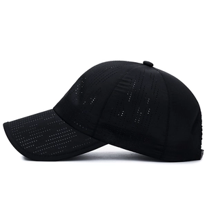 Black laser-cut breathable quick-dry baseball cap with side view and sports design