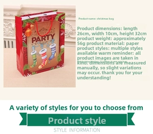 Detail view of a Christmas paper gift bag showing size specs and holiday party design